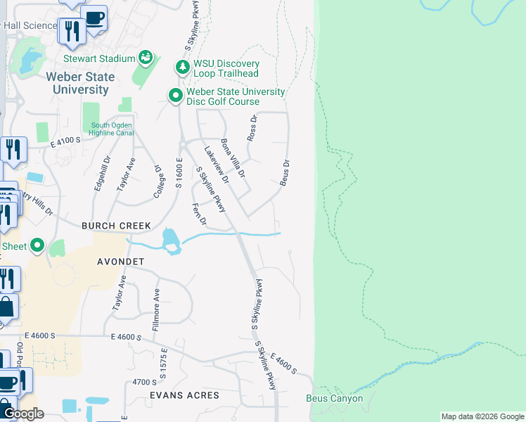 map of restaurants, bars, coffee shops, grocery stores, and more near 1781 Beus Drive in Ogden