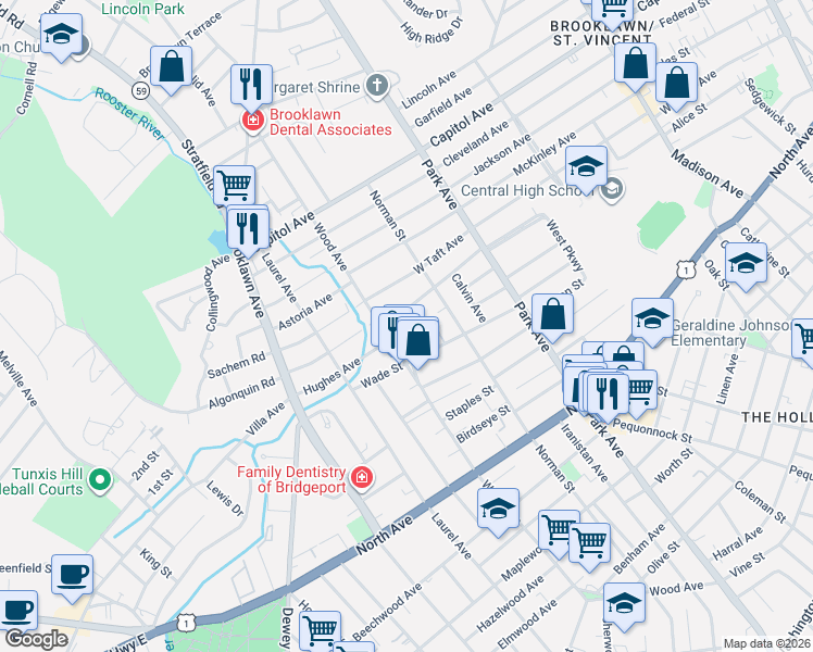 map of restaurants, bars, coffee shops, grocery stores, and more near 67 Wade Terrace in Bridgeport