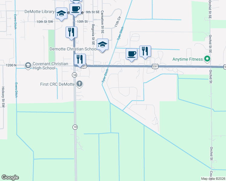 map of restaurants, bars, coffee shops, grocery stores, and more near 1705 Daisy Street Southeast in De Motte