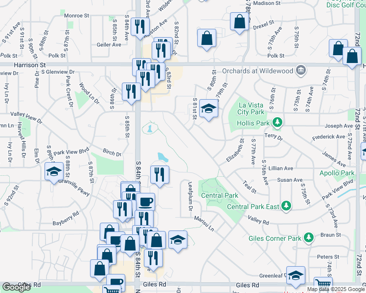 map of restaurants, bars, coffee shops, grocery stores, and more near 8101 Valley Road in La Vista