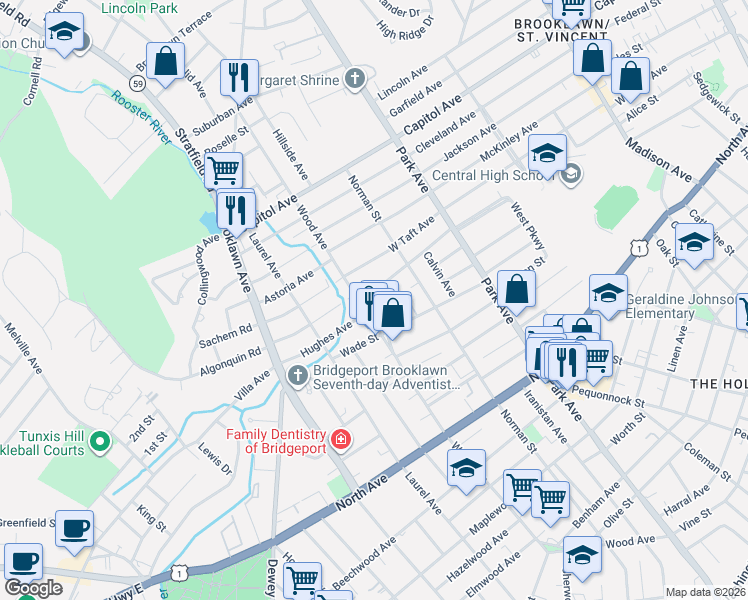 map of restaurants, bars, coffee shops, grocery stores, and more near 67 Wade Terrace in Bridgeport