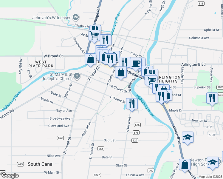 map of restaurants, bars, coffee shops, grocery stores, and more near 28 East Church Street in Newton Falls