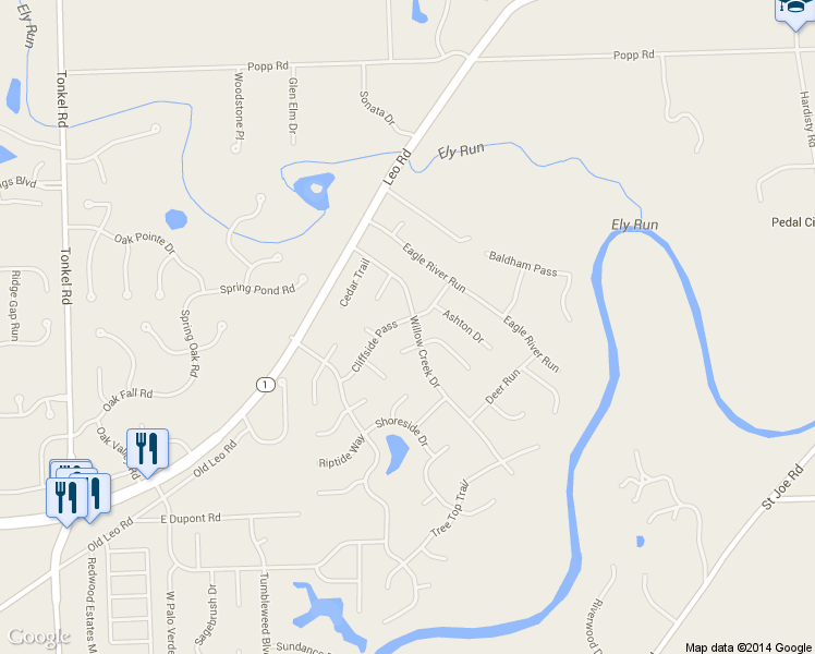 map of restaurants, bars, coffee shops, grocery stores, and more near 10933 Willow Creek Dr in Fort Wayne
