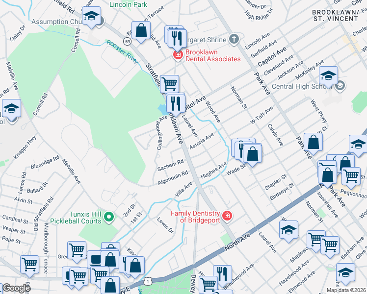 map of restaurants, bars, coffee shops, grocery stores, and more near 513 Brooklawn Avenue in Fairfield