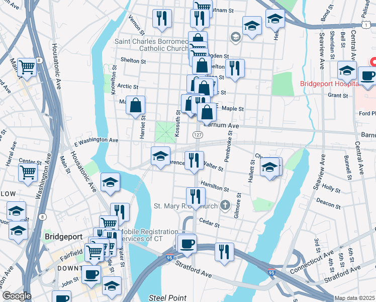 map of restaurants, bars, coffee shops, grocery stores, and more near 224 Crescent Avenue in Bridgeport