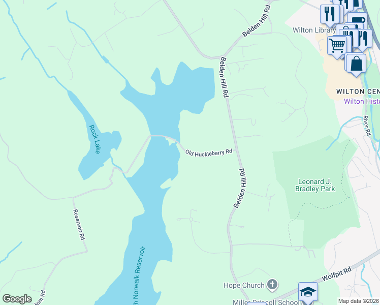 map of restaurants, bars, coffee shops, grocery stores, and more near 26 Old Huckleberry Road in Wilton