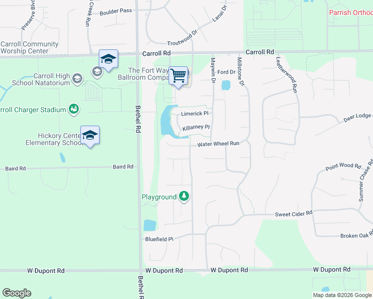 map of restaurants, bars, coffee shops, grocery stores, and more near 2890-2898 Water Wheel Run in Fort Wayne