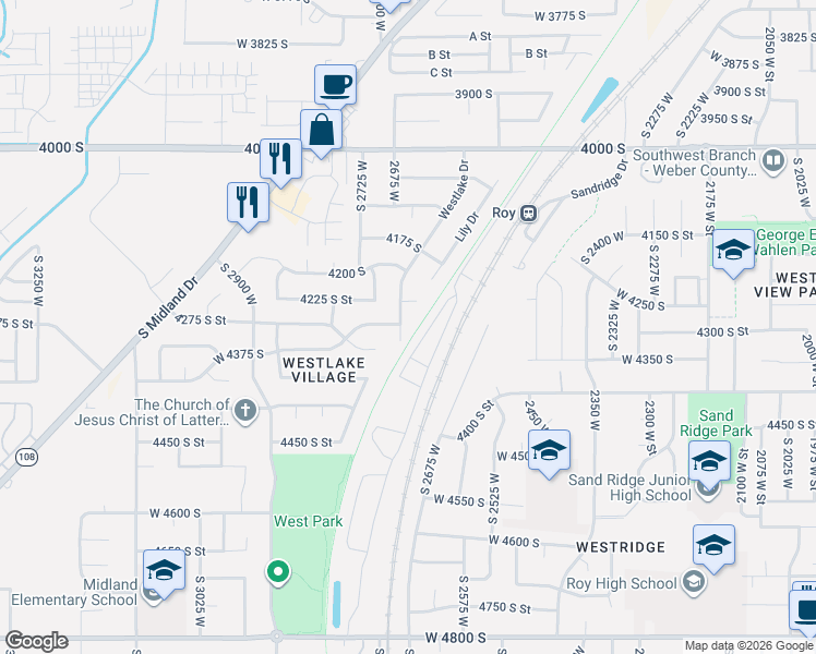 map of restaurants, bars, coffee shops, grocery stores, and more near 4280 Westlake Drive in Roy