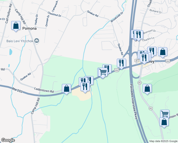 map of restaurants, bars, coffee shops, grocery stores, and more near 1618 Route 202 in Pomona