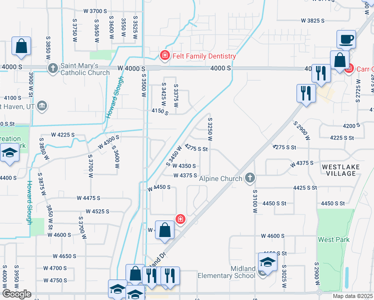map of restaurants, bars, coffee shops, grocery stores, and more near 3403 West 4275 South in West Haven
