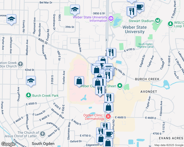 map of restaurants, bars, coffee shops, grocery stores, and more near 4275 Harrison Boulevard in Ogden