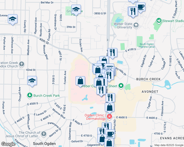 map of restaurants, bars, coffee shops, grocery stores, and more near 4275 Harrison Boulevard in Ogden