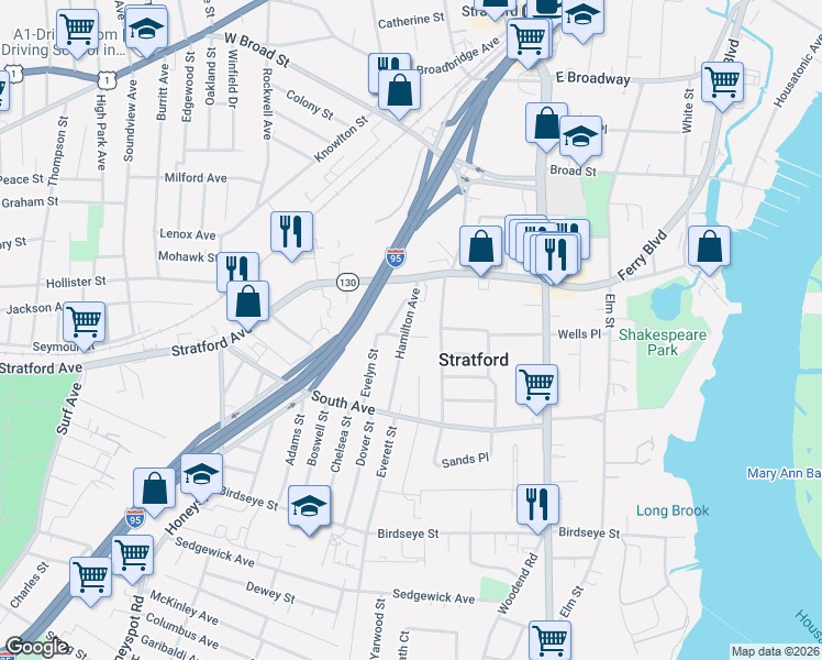 map of restaurants, bars, coffee shops, grocery stores, and more near 90 Hamilton Avenue in Stratford
