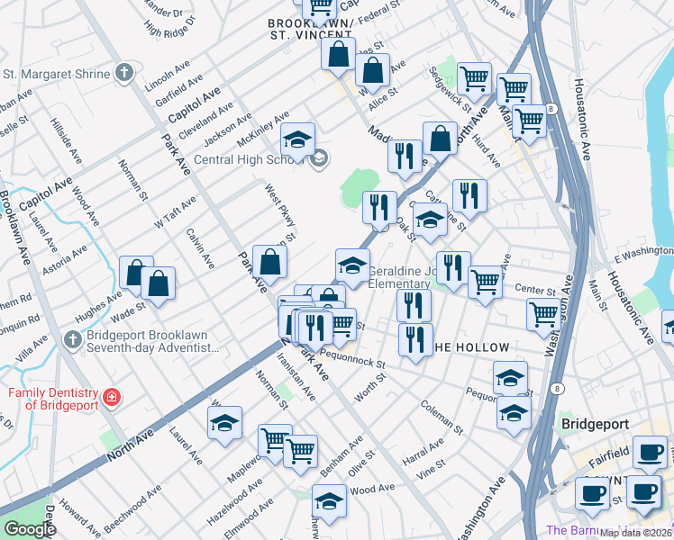map of restaurants, bars, coffee shops, grocery stores, and more near 1492 North Avenue in Bridgeport