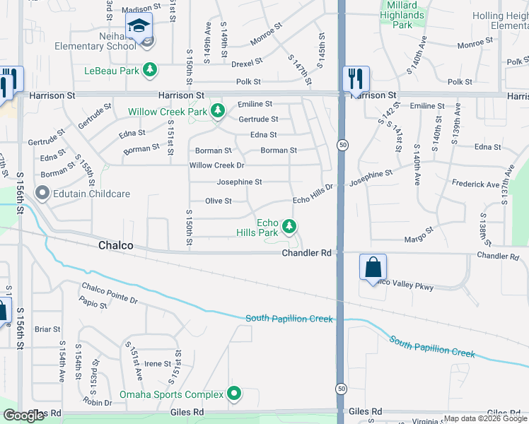 map of restaurants, bars, coffee shops, grocery stores, and more near 7503 South 147th Street in Omaha