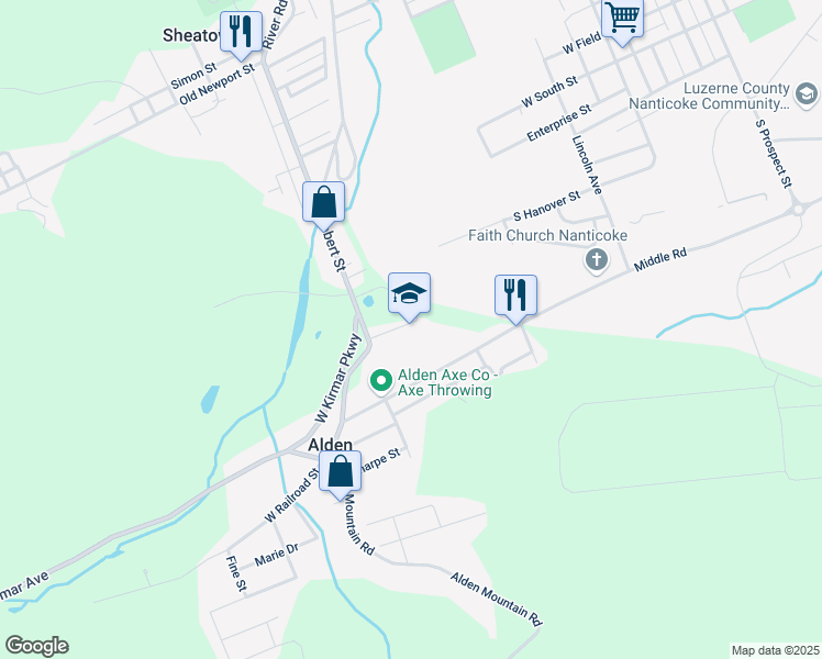 map of restaurants, bars, coffee shops, grocery stores, and more near 25 Robert Street in Nanticoke