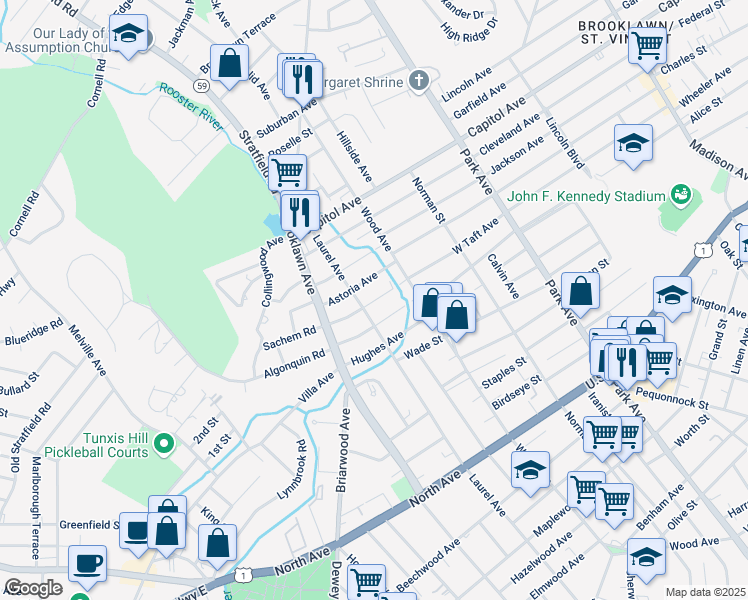 map of restaurants, bars, coffee shops, grocery stores, and more near 80 Aldine Avenue in Bridgeport
