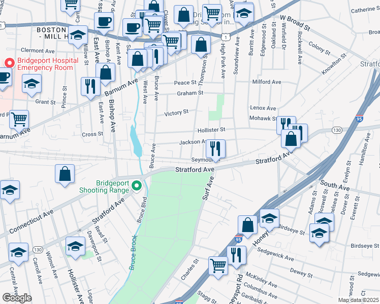 map of restaurants, bars, coffee shops, grocery stores, and more near 37 Thompson Street in Stratford