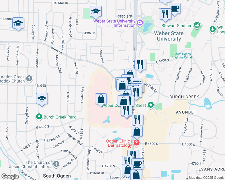 map of restaurants, bars, coffee shops, grocery stores, and more near 1091 Country Hills Drive in Ogden