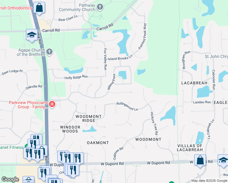 map of restaurants, bars, coffee shops, grocery stores, and more near 1022 Hemingford Court in Fort Wayne