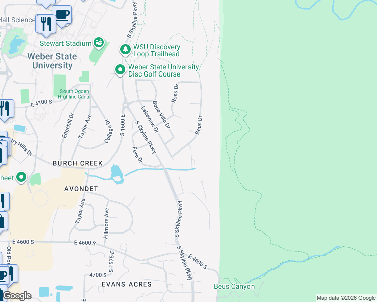 map of restaurants, bars, coffee shops, grocery stores, and more near 4253 South Spring Drive in Ogden