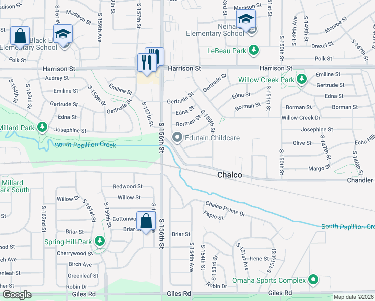 map of restaurants, bars, coffee shops, grocery stores, and more near 7407 South 155th Avenue in Omaha
