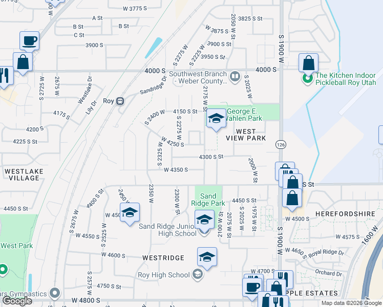 map of restaurants, bars, coffee shops, grocery stores, and more near 2190 4300 South Street in Roy