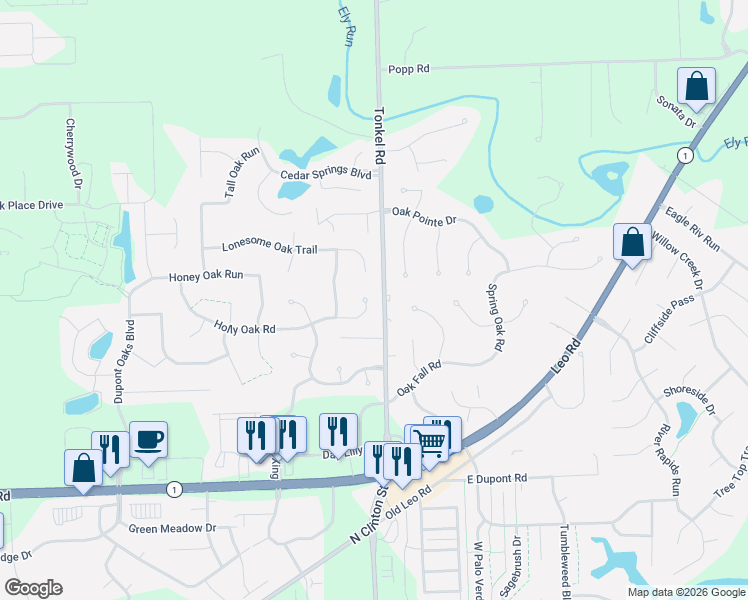 map of restaurants, bars, coffee shops, grocery stores, and more near 11012 Tonkel Road in Fort Wayne