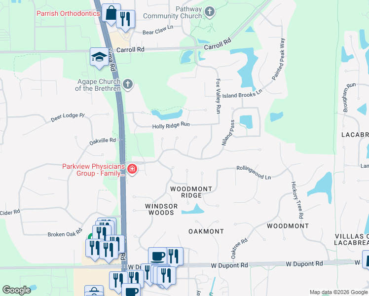 map of restaurants, bars, coffee shops, grocery stores, and more near 11305 Cresskill Ct in Fort Wayne