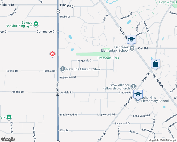 map of restaurants, bars, coffee shops, grocery stores, and more near 2036 Crestdale Drive in Stow