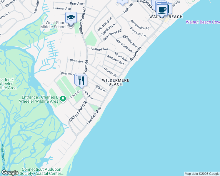 map of restaurants, bars, coffee shops, grocery stores, and more near 12 Ocean Avenue in Milford