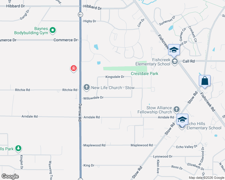 map of restaurants, bars, coffee shops, grocery stores, and more near 1996 Crestdale Drive in Stow