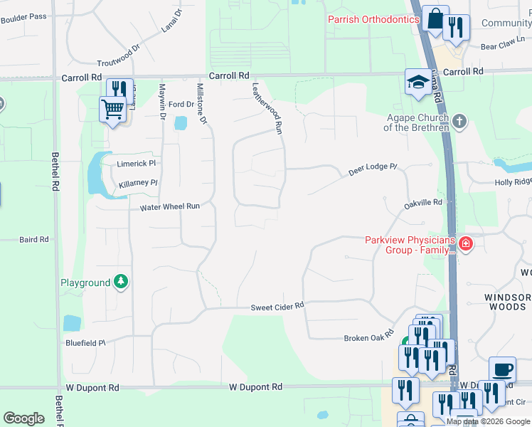 map of restaurants, bars, coffee shops, grocery stores, and more near 2425 Sugar Tree Drive in Fort Wayne