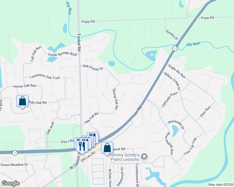 map of restaurants, bars, coffee shops, grocery stores, and more near 11006 Spring Oak Road in Fort Wayne