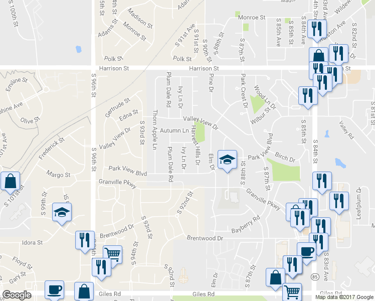 map of restaurants, bars, coffee shops, grocery stores, and more near 7405 Ivy Lane Drive in La Vista