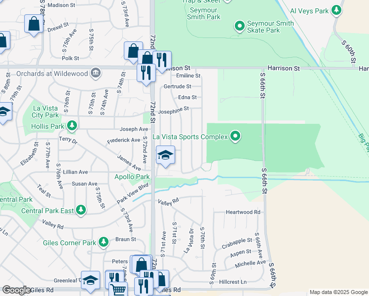 map of restaurants, bars, coffee shops, grocery stores, and more near 7359 La Vista Drive in La Vista
