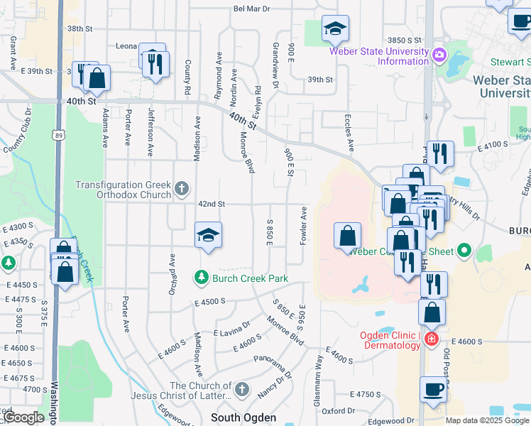 map of restaurants, bars, coffee shops, grocery stores, and more near 4215 Gramercy Avenue in Ogden