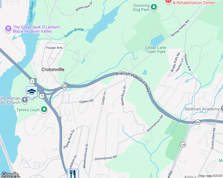 map of restaurants, bars, coffee shops, grocery stores, and more near 118 Cedar Lane in Ossining