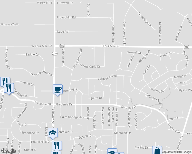 map of restaurants, bars, coffee shops, grocery stores, and more near 500 Lafayette Boulevard in Cheyenne