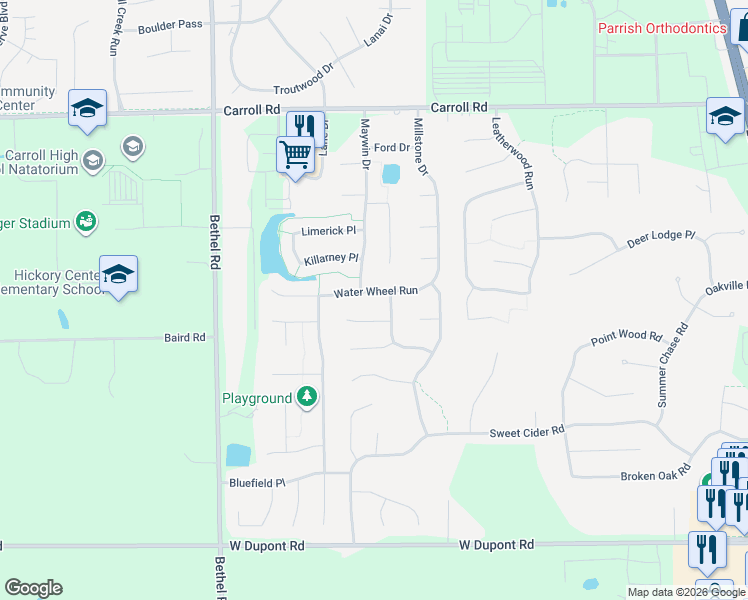 map of restaurants, bars, coffee shops, grocery stores, and more near 2931 Water Wheel Run in Fort Wayne