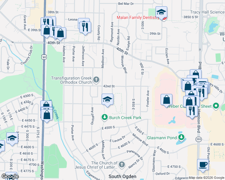 map of restaurants, bars, coffee shops, grocery stores, and more near 4220 South 750 East in South Ogden