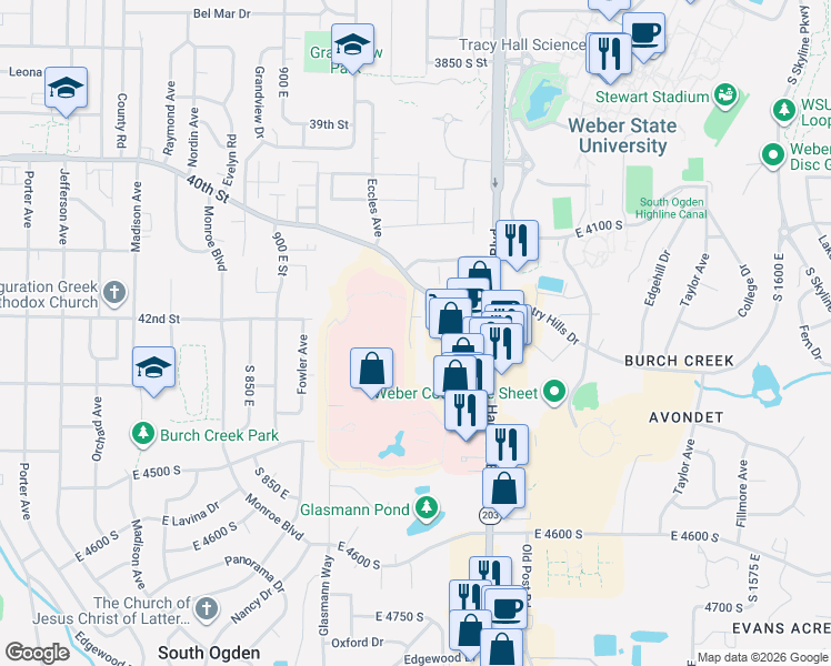 map of restaurants, bars, coffee shops, grocery stores, and more near 1091 Country Hills Drive in Ogden