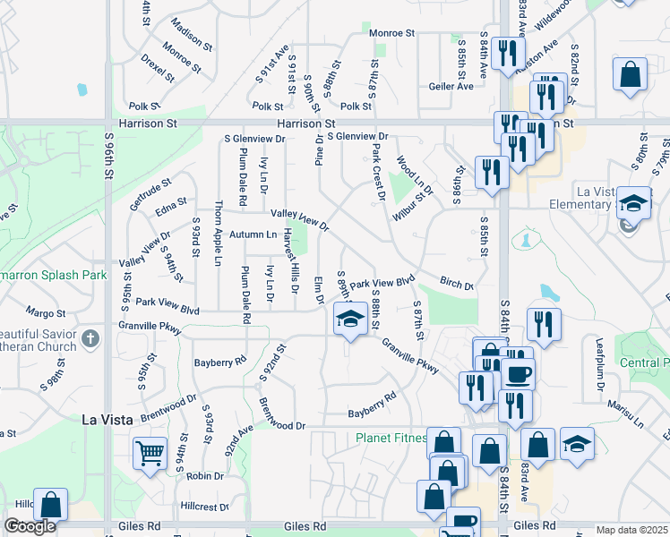 map of restaurants, bars, coffee shops, grocery stores, and more near 7410 South 89th Street in La Vista
