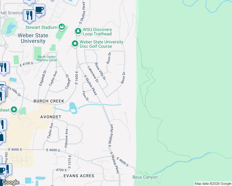 map of restaurants, bars, coffee shops, grocery stores, and more near 1781 Beus Drive in Ogden