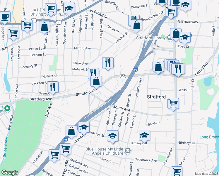 map of restaurants, bars, coffee shops, grocery stores, and more near 14 Eleanor Street in Stratford