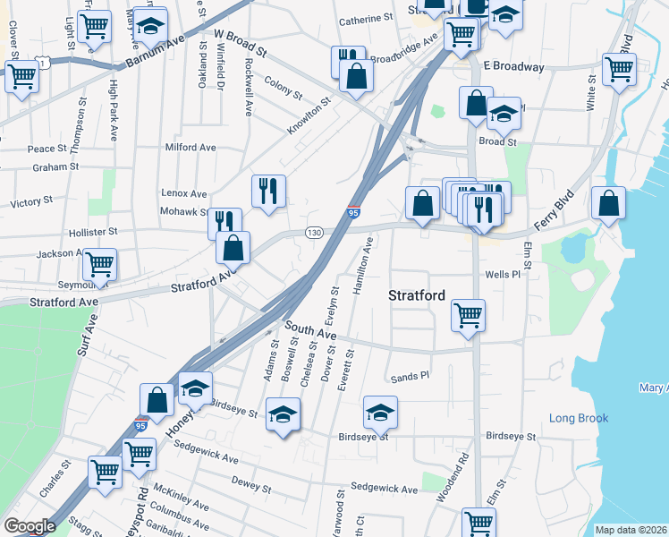map of restaurants, bars, coffee shops, grocery stores, and more near 153 Johnson Court in Stratford