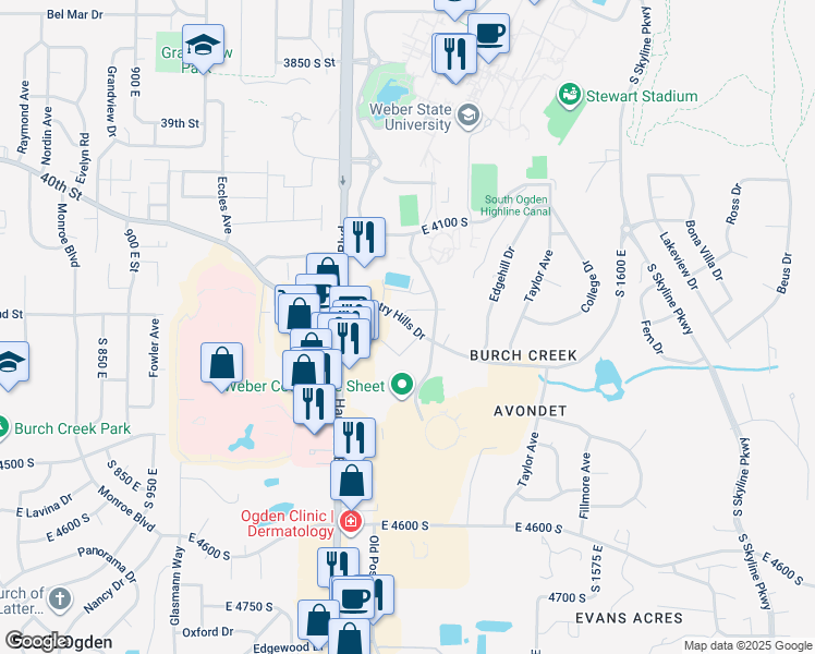 map of restaurants, bars, coffee shops, grocery stores, and more near 1313 Country Hills Drive in Ogden