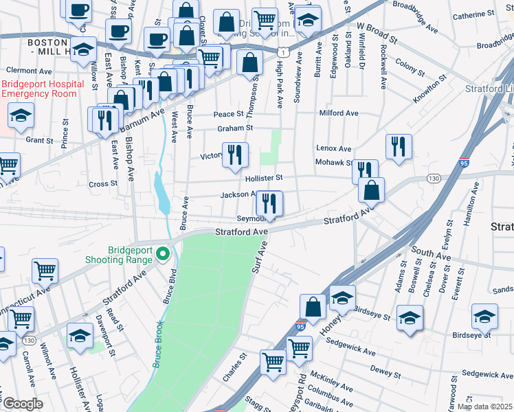 map of restaurants, bars, coffee shops, grocery stores, and more near 84 Sheridan Street in Stratford