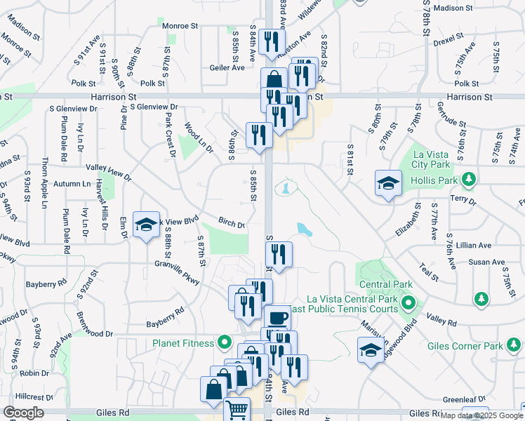 map of restaurants, bars, coffee shops, grocery stores, and more near 7512 South 84th Street in La Vista