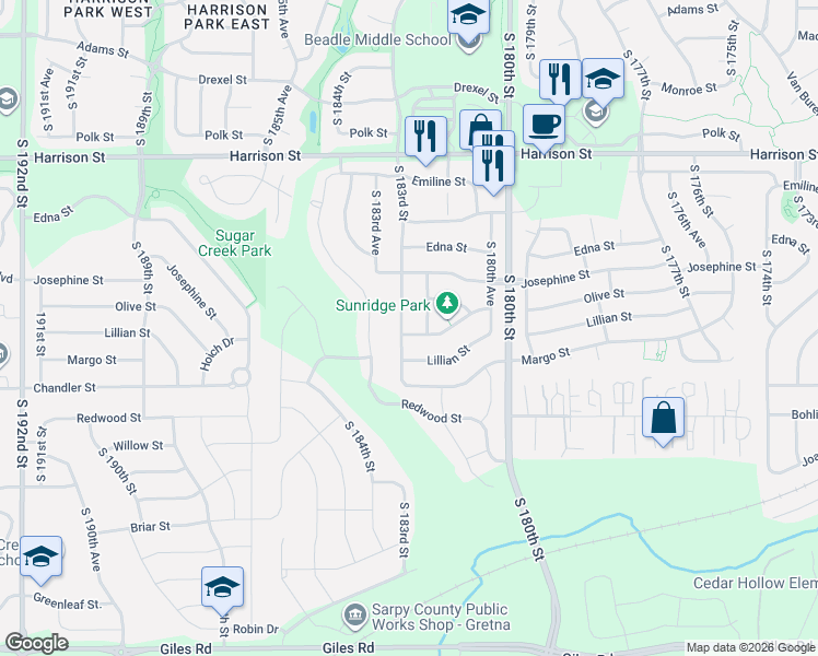 map of restaurants, bars, coffee shops, grocery stores, and more near 7338 South 183rd Street in Omaha